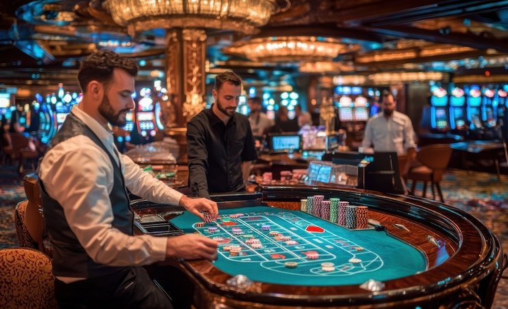 Spadegaming baccarat table on tajir365 showing Player, Banker, and Tie bet buttons with live dealer on video